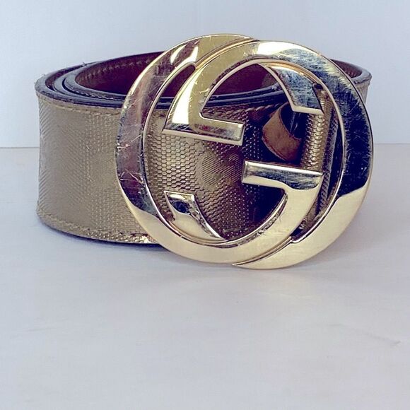 GUCCI US 30 GG LEATHER BELT GOLD - Picture 1 of 4